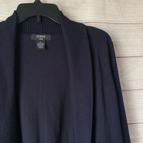 Verve Ami Navy Blue Cardigan Sweater Open Front Elbow Length Sleeves Size Small - Picture 11 of 13